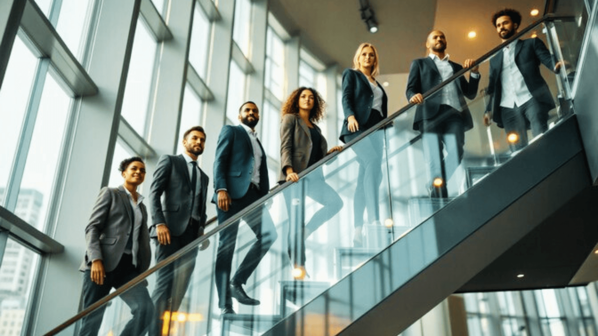 Professionals on a staircase representing integrated leadership and corporate wellness.